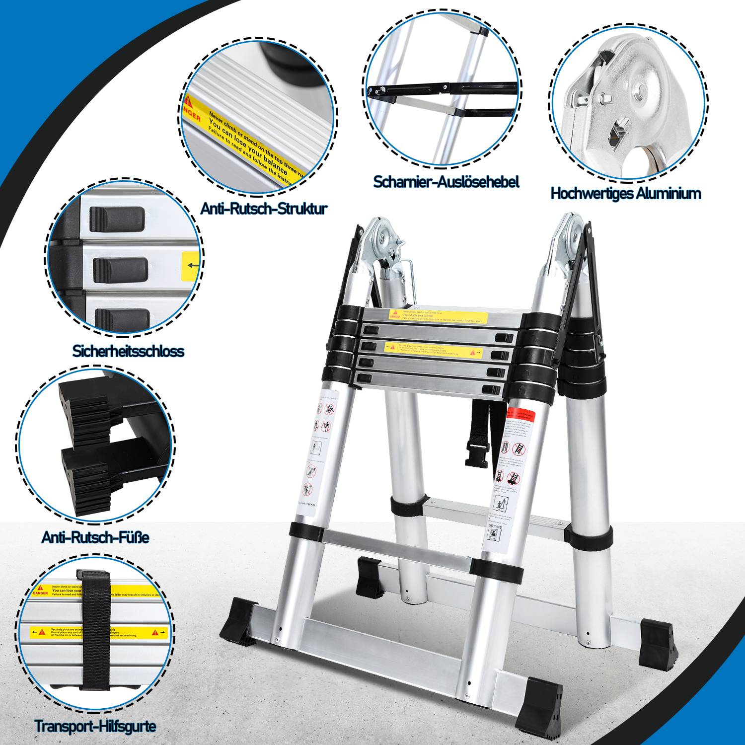 Teleskopleiter Silber Aluminium Klappbar Multifunktionsleiter Anlegeleiter 2.5M+2.5M Mehrzweckleiter Fingerklemmschutz Auszeihleiter Klappbar Alumin