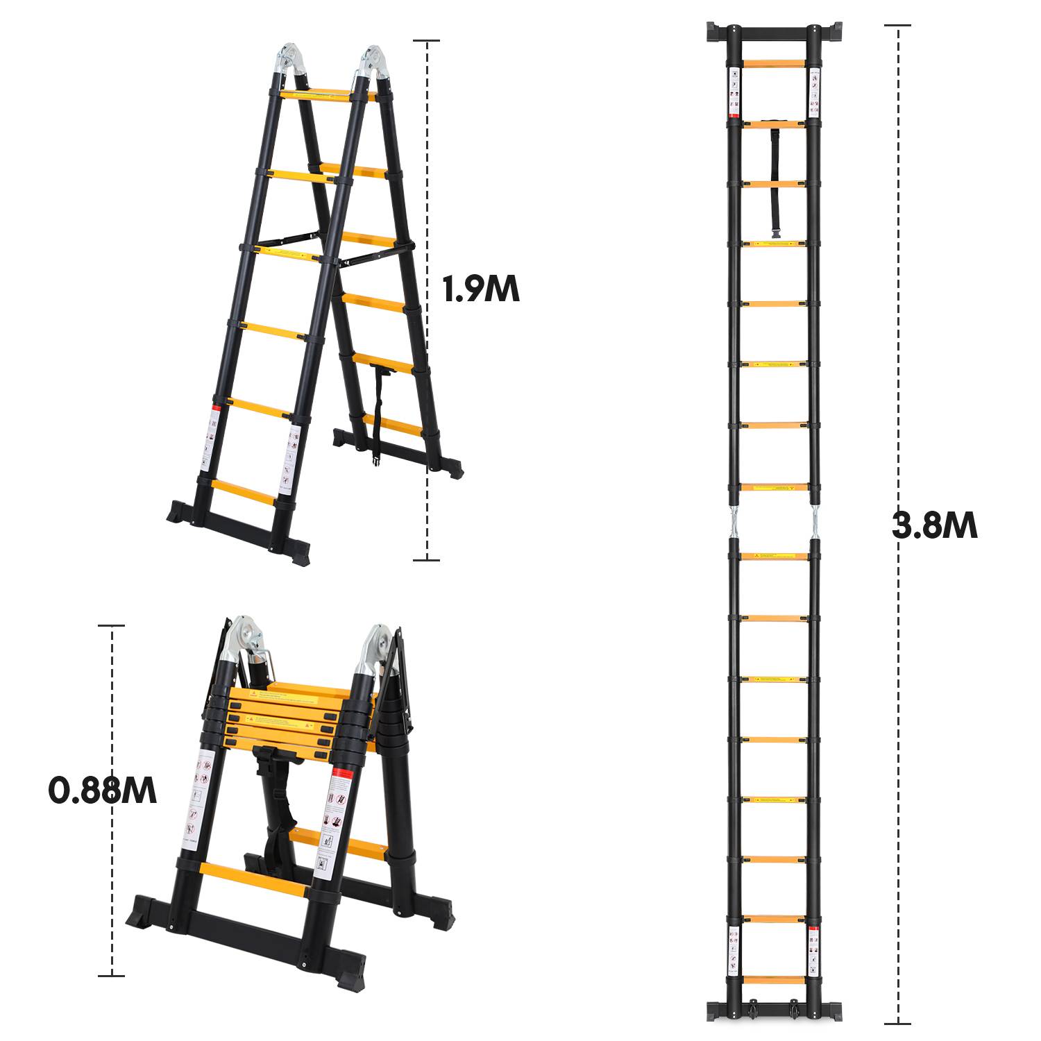 Teleskopleiter schwarz Aluminium Klappbar Multifunktionsleiter Anlegeleiter 1.9M+1.9M Mehrzweckleiter Fingerklemmschutz Auszeihleiter Klappbar
