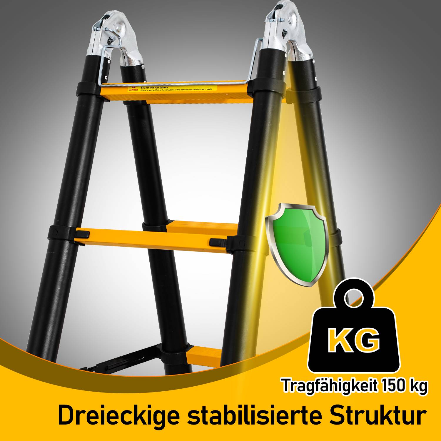 Teleskopleiter schwarz Aluminium Klappbar Multifunktionsleiter Anlegeleiter 1.9M+1.9M Mehrzweckleiter Fingerklemmschutz Auszeihleiter Klappbar