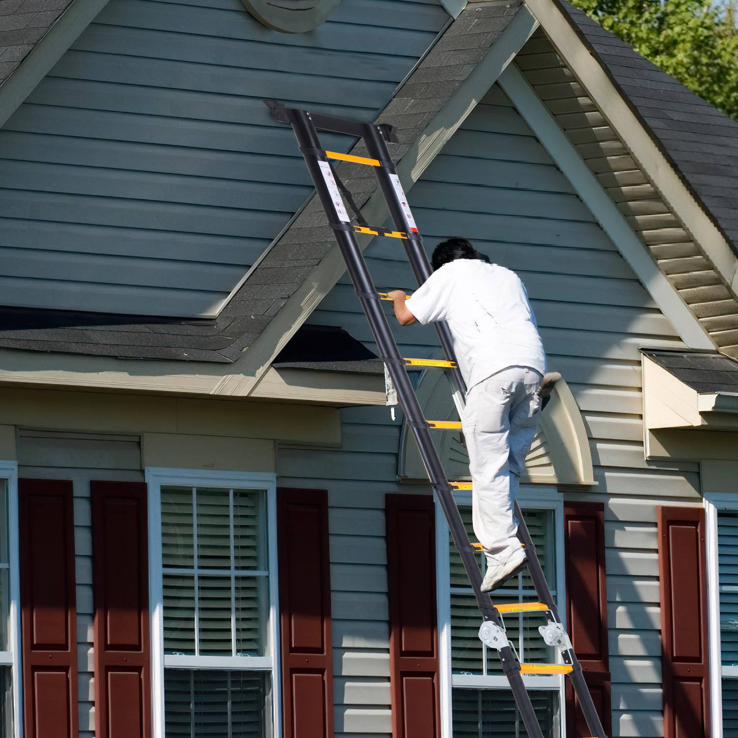 Teleskopleiter schwarz Aluminium Klappbar Multifunktionsleiter Anlegeleiter 1.9M+1.9M Mehrzweckleiter Fingerklemmschutz Auszeihleiter Klappbar