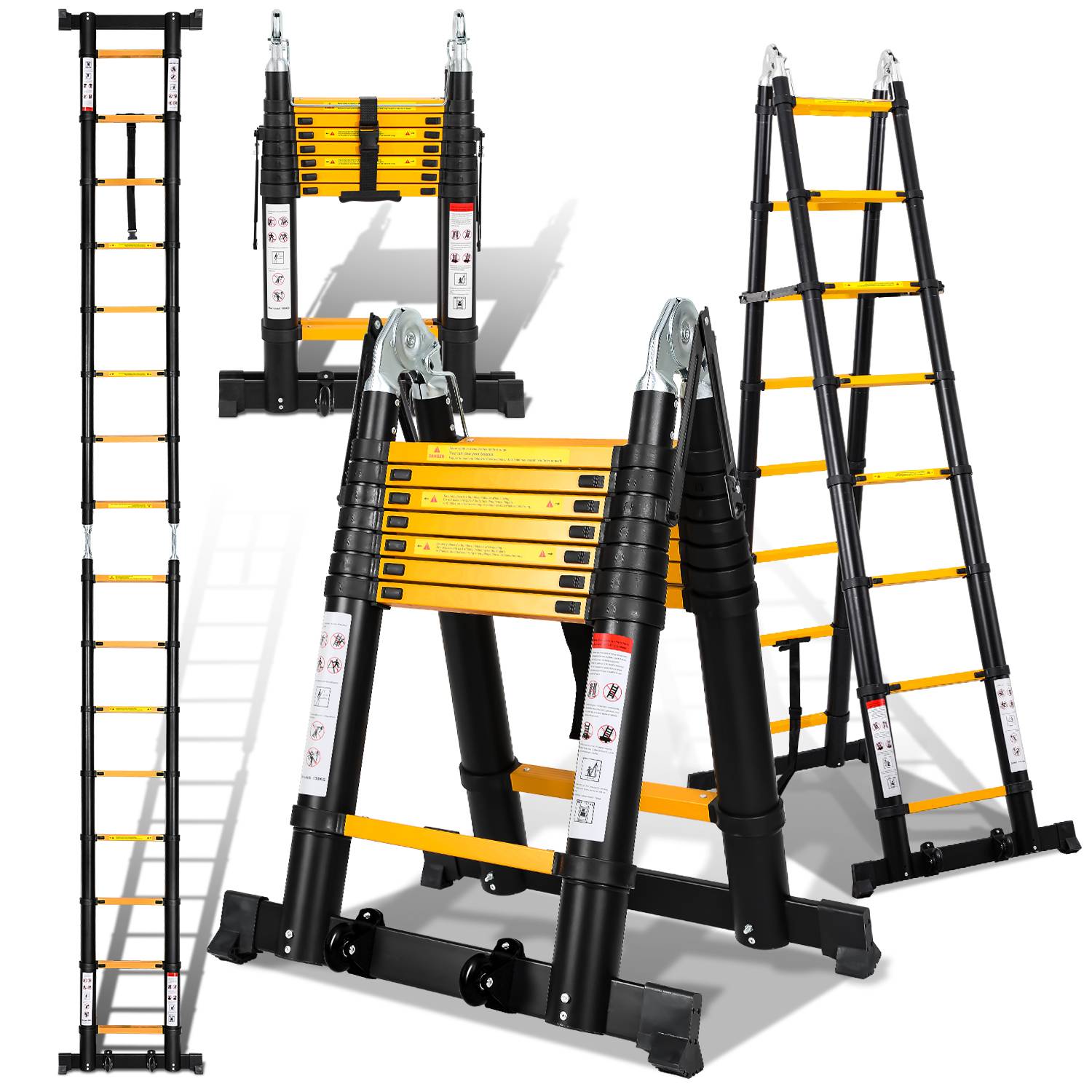 Teleskopleiter schwarz Aluminium Klappbar Multifunktionsleiter Anlegeleiter 2.5M+2.5M Mehrzweckleiter Fingerklemmschutz Auszeihleiter Klappbar