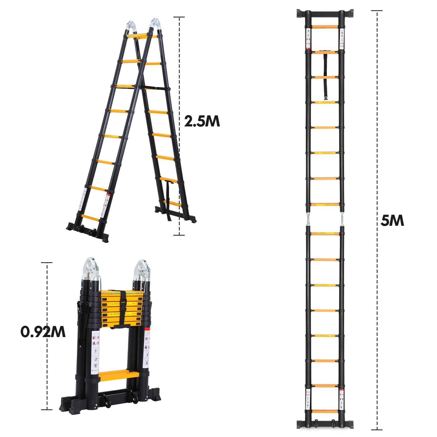 Teleskopleiter schwarz Aluminium Klappbar Multifunktionsleiter Anlegeleiter 2.5M+2.5M Mehrzweckleiter Fingerklemmschutz Auszeihleiter Klappbar