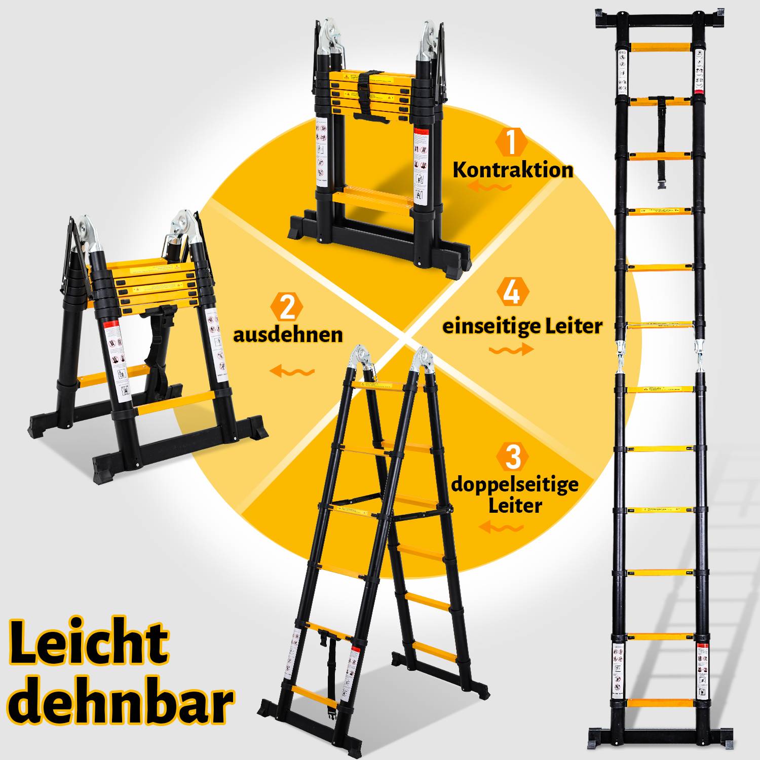 Teleskopleiter schwarz Aluminium Klappbar Multifunktionsleiter Anlegeleiter 2.5M+2.5M Mehrzweckleiter Fingerklemmschutz Auszeihleiter Klappbar