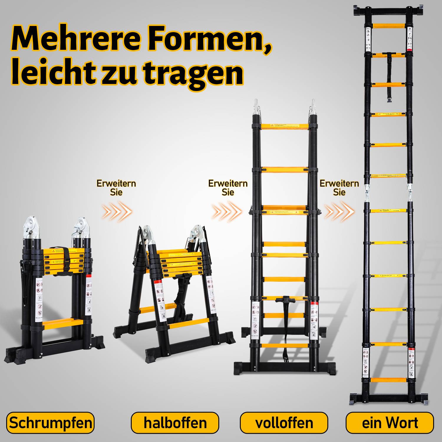 Teleskopleiter schwarz Aluminium Klappbar Multifunktionsleiter Anlegeleiter 2.5M+2.5M Mehrzweckleiter Fingerklemmschutz Auszeihleiter Klappbar
