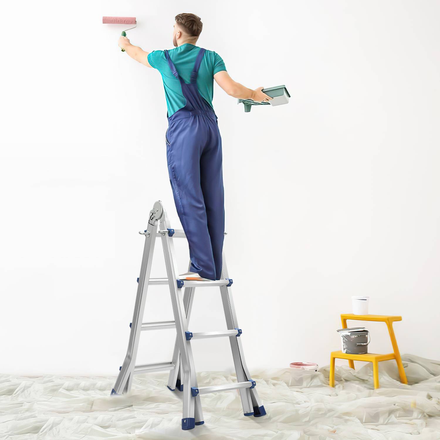 Teleskopleiter Alu Leichtgewicht 4x4 Ebene Silber multifunktion Multifunktionsleiter Mehrzweckleiter Ausziehbare aus Hochwertigem Aluminium Belastba