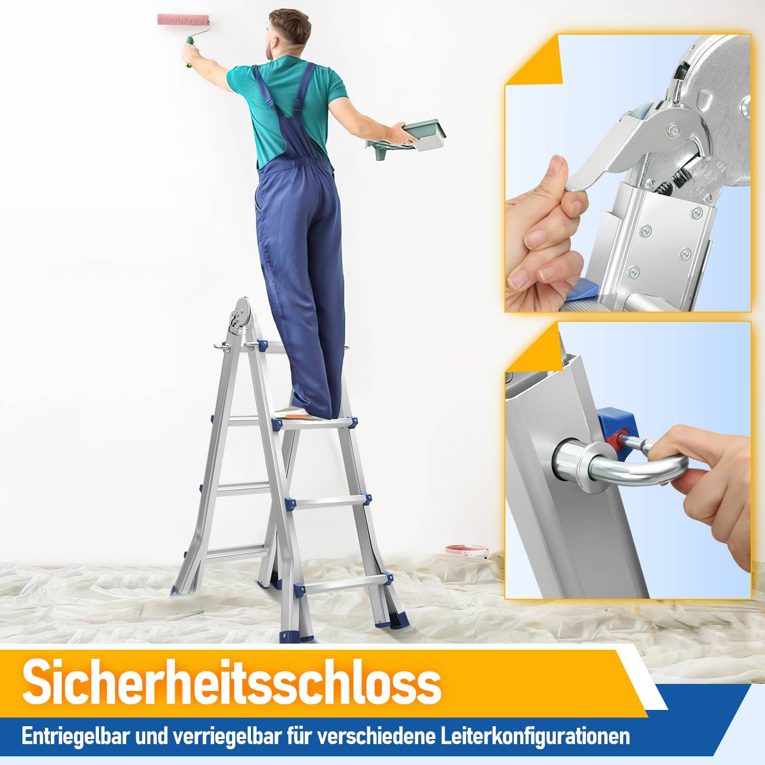 Teleskopleiter Alu Leichtgewicht 4x4 Ebene Silber multifunktion Multifunktionsleiter Mehrzweckleiter Ausziehbare aus Hochwertigem Aluminium Belastba