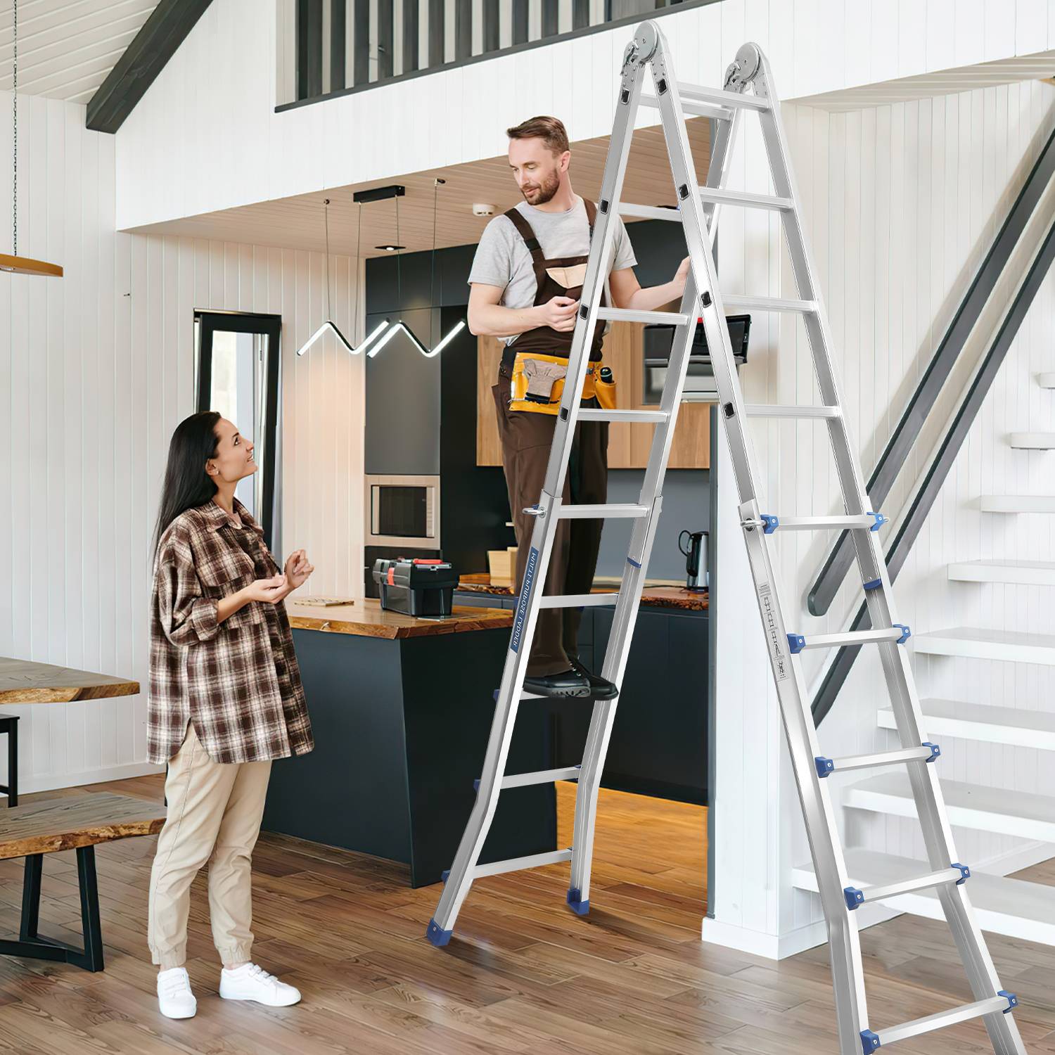 Teleskopleiter Alu Leichtgewicht 4x5 Ebene Silber multifunktion Multifunktionsleiter Mehrzweckleiter Ausziehbare aus Hochwertigem Aluminium Belastba