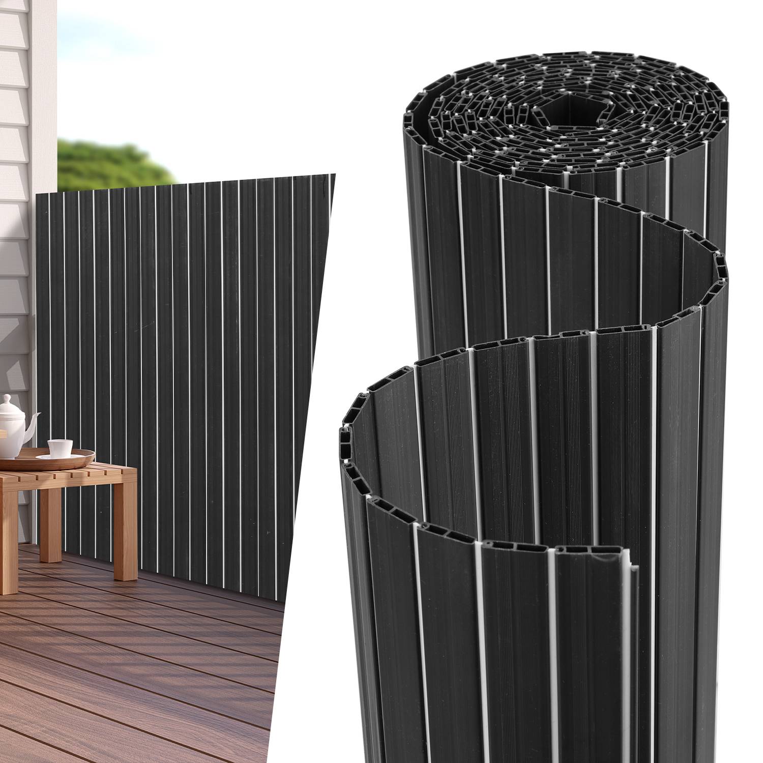 PVC Sichtschutzmatte Doppelte Verstärkung Innen, Balkon Sichtschutz mit Kabelbindern, Sichtschutzzaun Windschutz Wasserdicht ohne Bohren,Grau 90cm