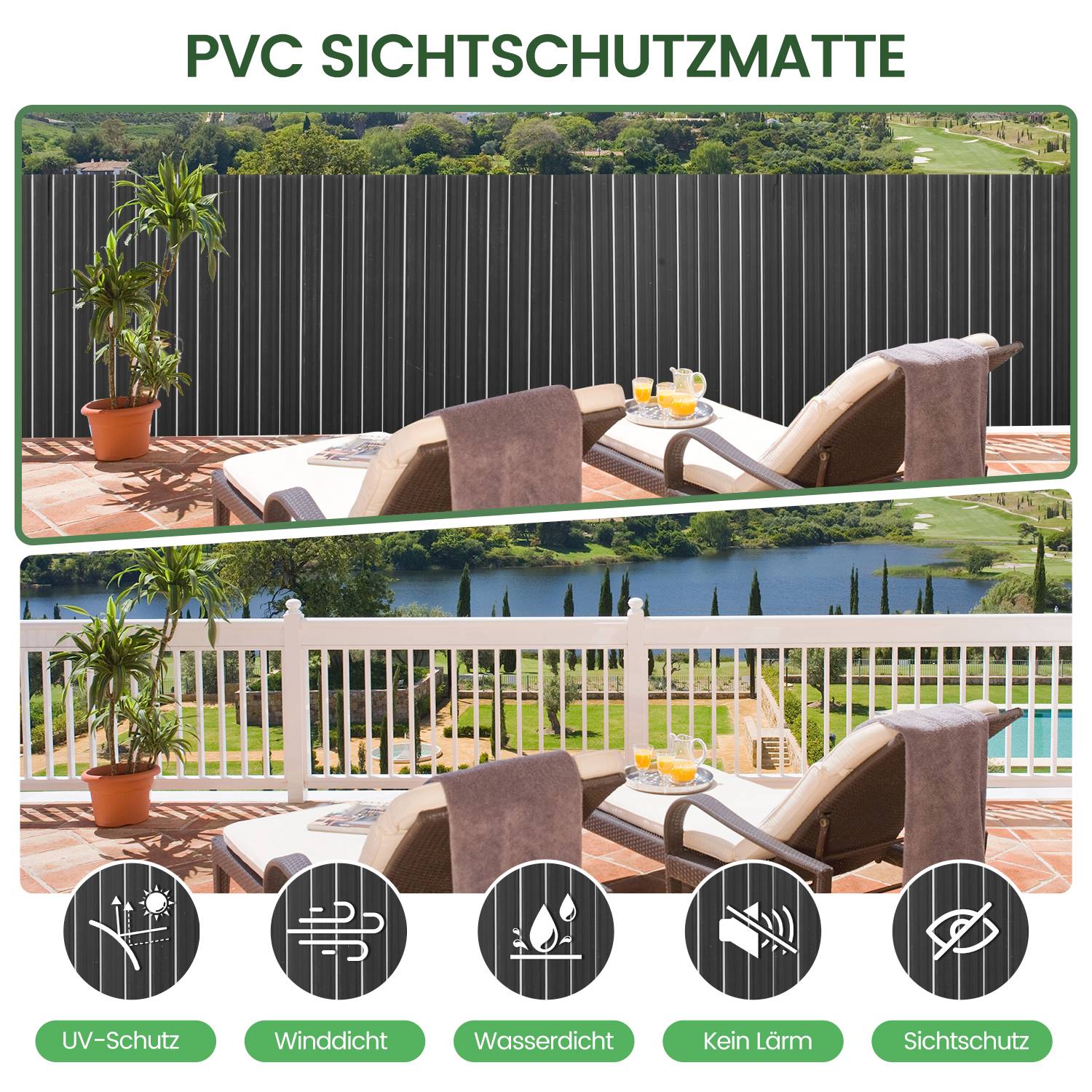 PVC Sichtschutzmatte Doppelte Verstärkung Innen, Balkon Sichtschutz mit Kabelbindern, Sichtschutzzaun Windschutz Wasserdicht ohne Bohren,Grau 80cm