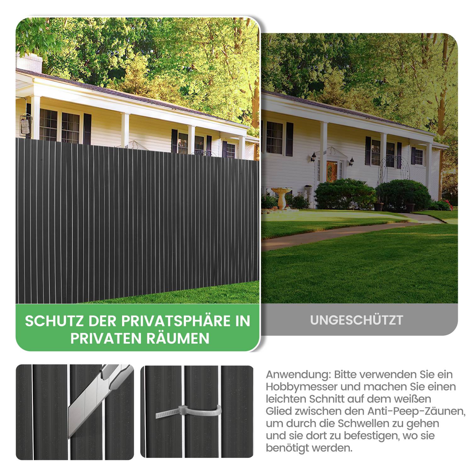 PVC Sichtschutzmatte Doppelte Verstärkung Innen, Balkon Sichtschutz mit Kabelbindern, Sichtschutzzaun Windschutz Wasserdicht ohne Bohren,Grau 80cm