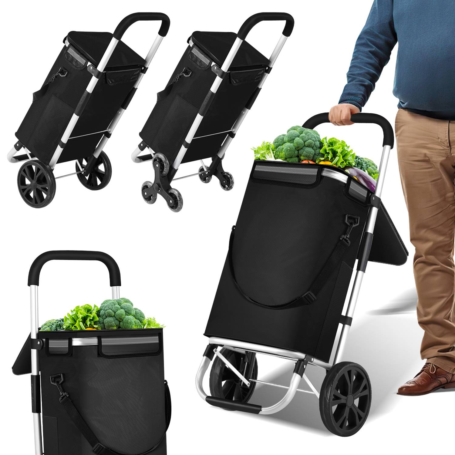 3in1 Einkaufstrolley 40L bis 40 kg klappbar abnehmbare Tasche Handwagen Einkaufswagen Einkaufshilfe Roller Schwarz