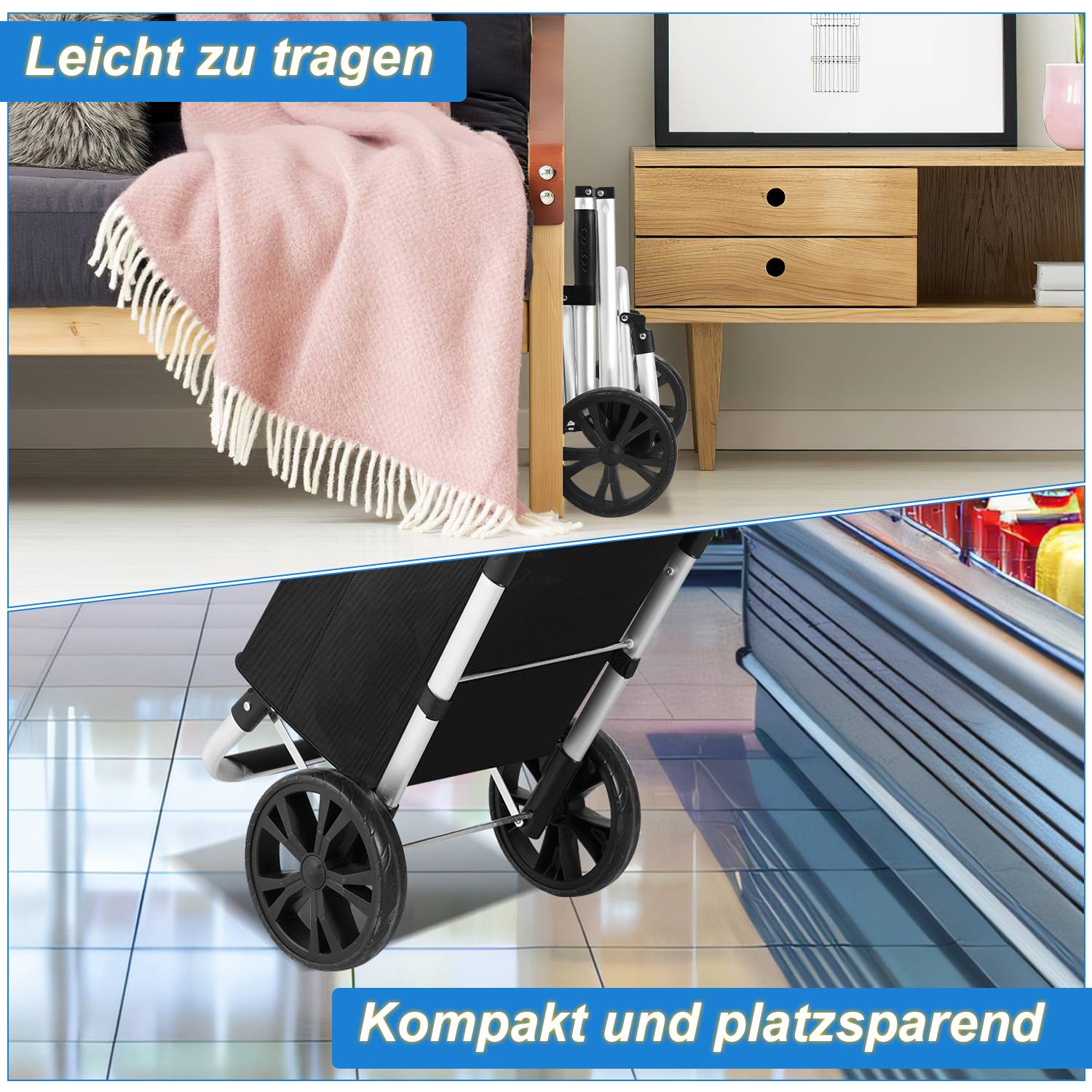3in1 Einkaufstrolley, mit 2 Rollen und Kühlfach, klappbar, Schwarz