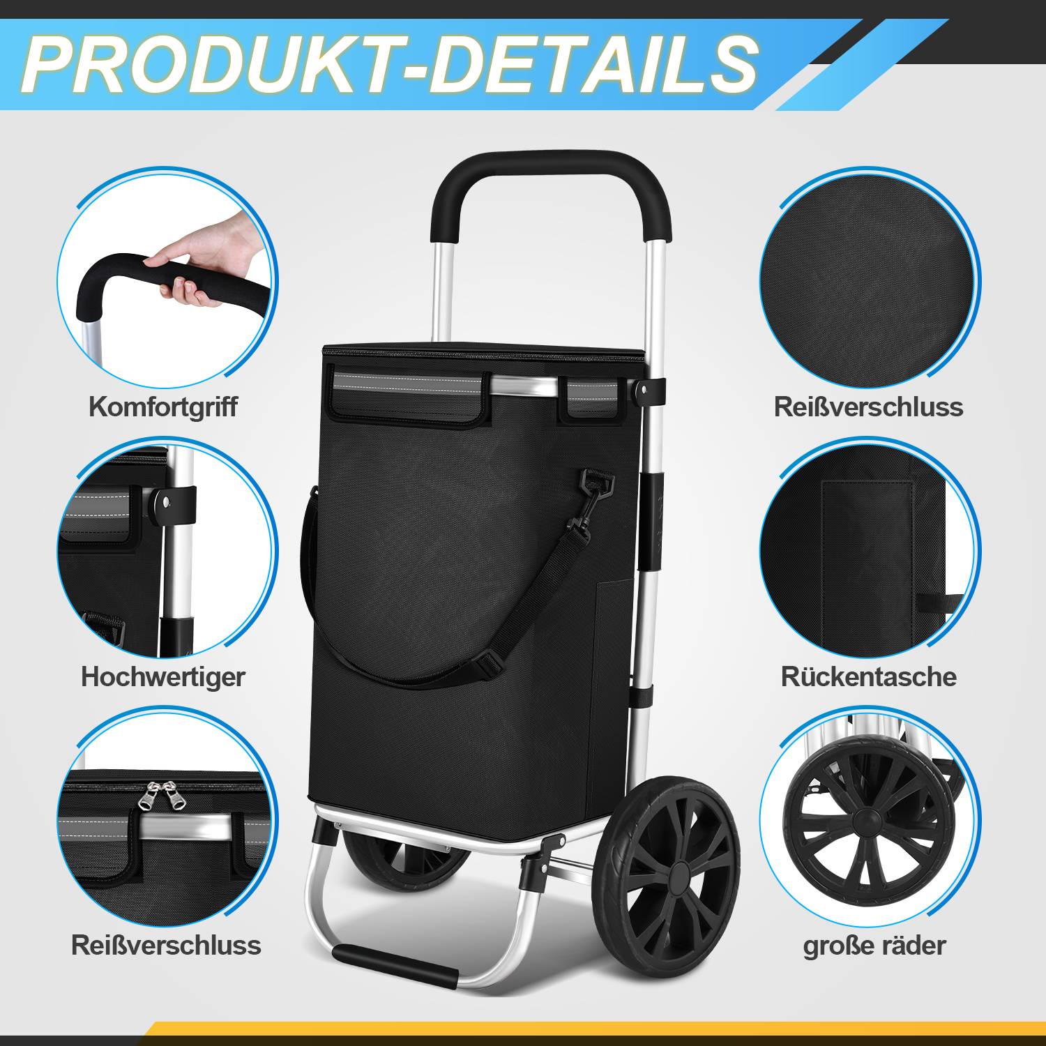 3in1 Einkaufstrolley 40L bis 40 kg klappbar abnehmbare Tasche Handwagen Einkaufswagen Einkaufshilfe Roller Schwarz