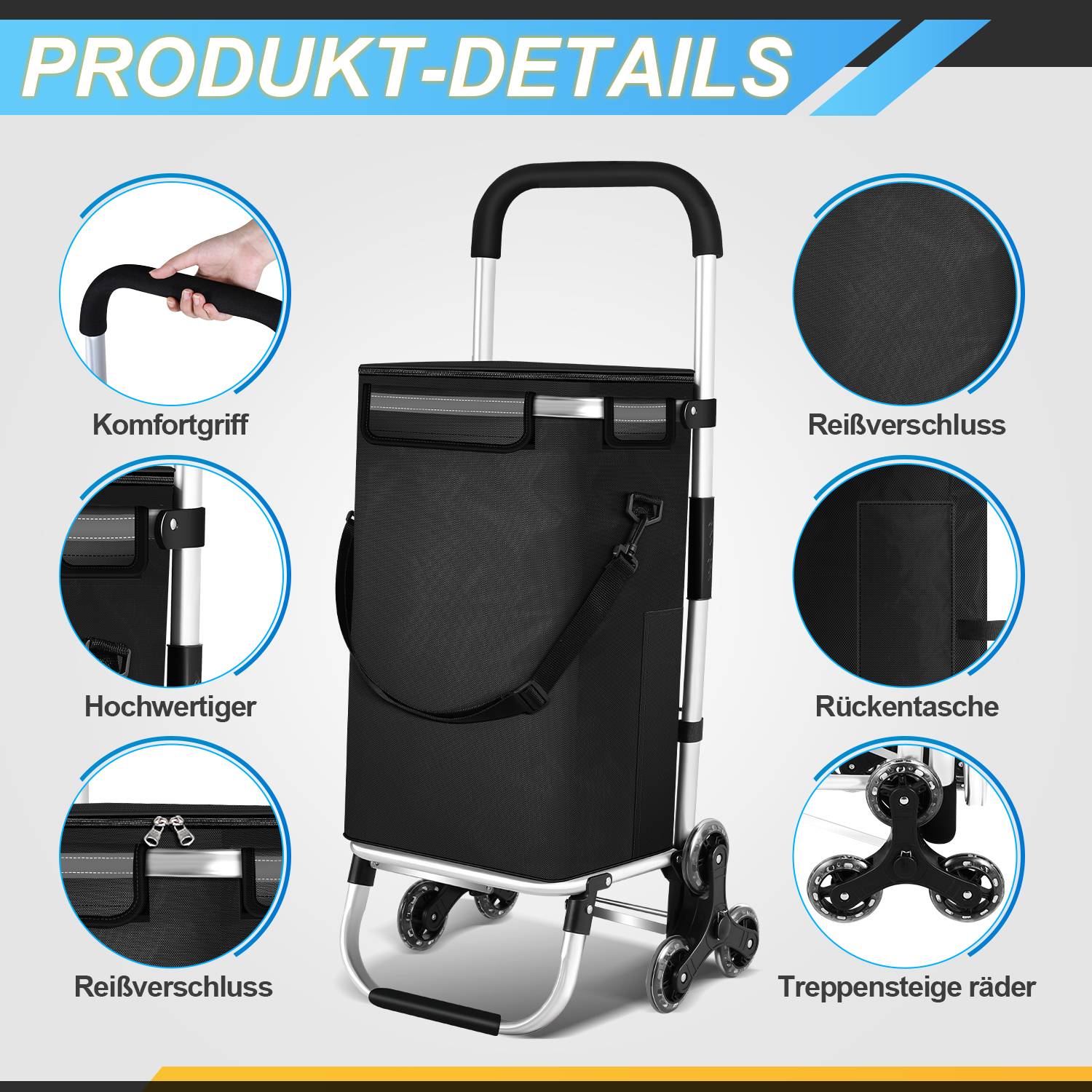 3in1 Einkaufstrolley, Trolley groß 40 Liter, Einkaufstasche mit Treppen steiger räder, Einkaufswagen mit Kühlfach, Klappbarer Shopper