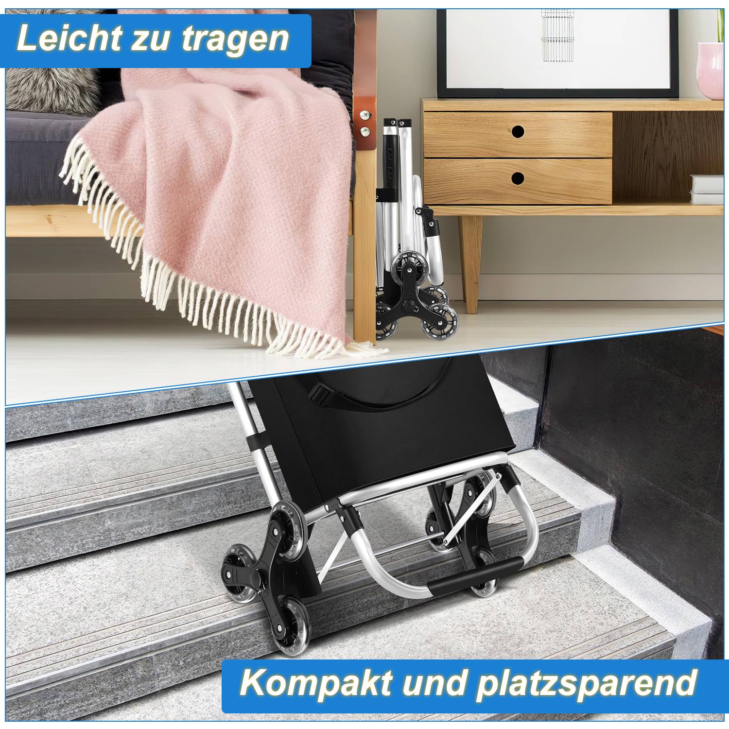 3in1 Einkaufstrolley, Trolley groß 40 Liter, Einkaufstasche mit Treppen steiger räder, Einkaufswagen mit Kühlfach, Klappbarer Shopper