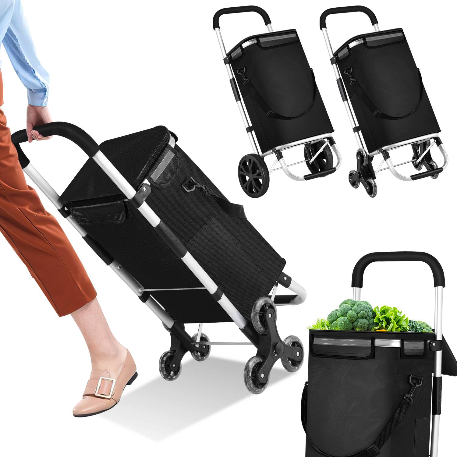 Einkaufstrolley, 6 Räder, mit Kühlfach&Treppen steiger räder，Klappbarer Shopper