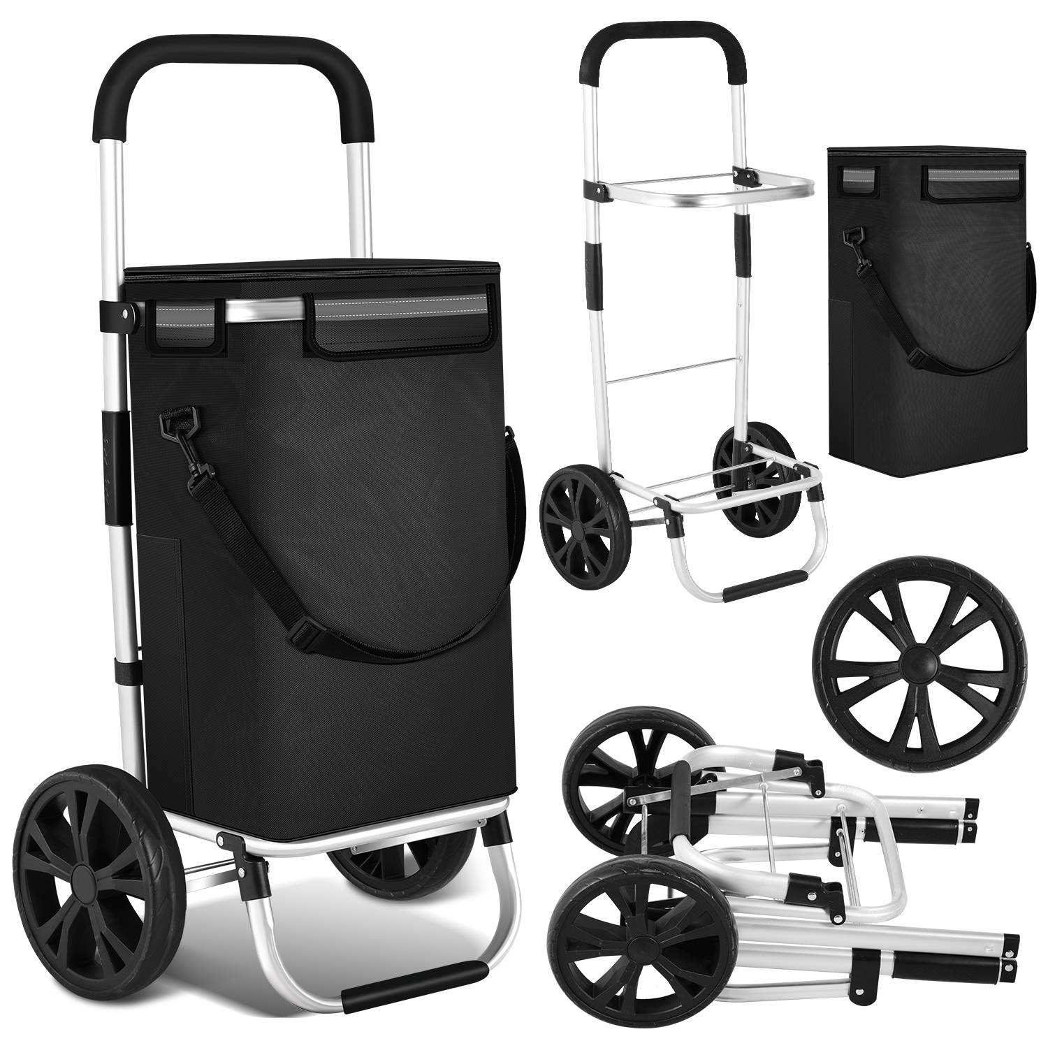 3in1 Einkaufstrolley, mit 2 Rollen und Kühlfach, klappbar, Schwarz