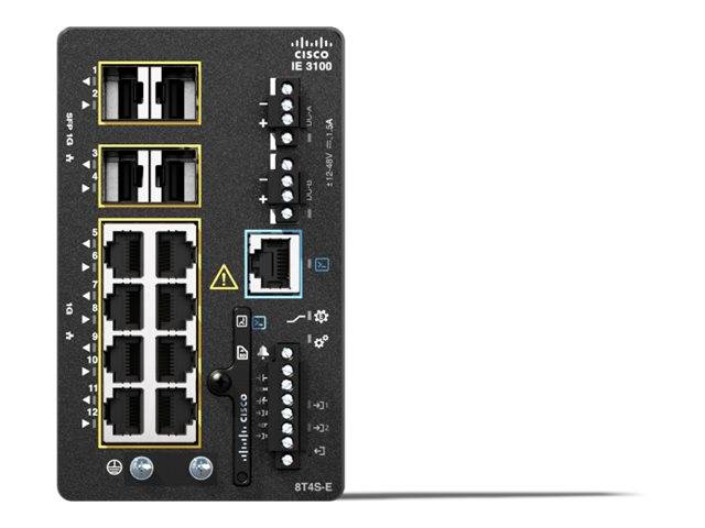 Vorderansicht eines Cisco IE 3100 Industrial Ethernet Switches mit mehreren nummerierten RJ45-Anschlüssen, zwei SFP-Steckplätzen, Status-LEDs und Warnsymbolen auf der Frontplatte.