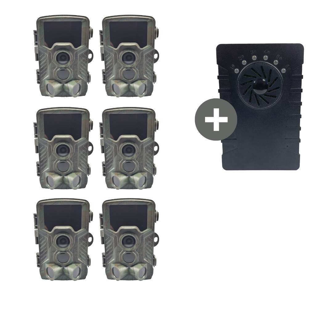 Berger & Schröter | 6x 4K Wildkamera / Melder + Empfänger Set, Ton oder LED Meldung bis 100m, 6 Wildkameras kombinierbar