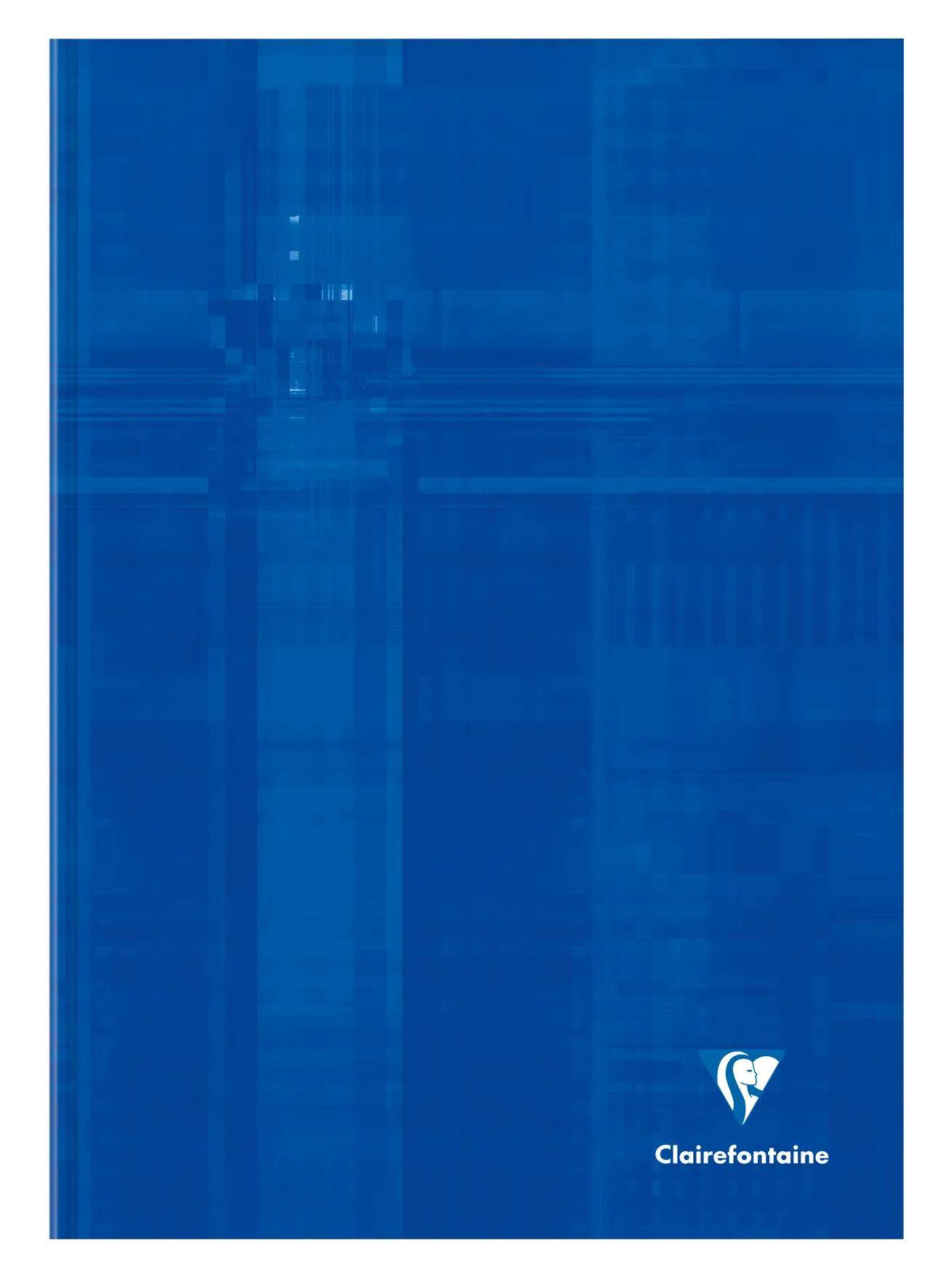 Blauer Clairefontaine-Notizbuchdeckel mit feinem Kreuzschraffurmuster und weißem Logo unten rechts.