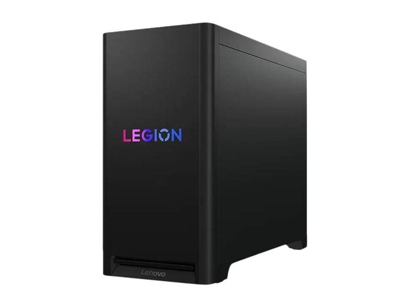 Ein schwarzer Lenovo Legion Gaming-PC-Tower mit einem farbenfroh designten 'LEGION'-Logo auf der Vorderseite, der seine Ausrichtung auf High-Performance-Gaming unterstreicht.