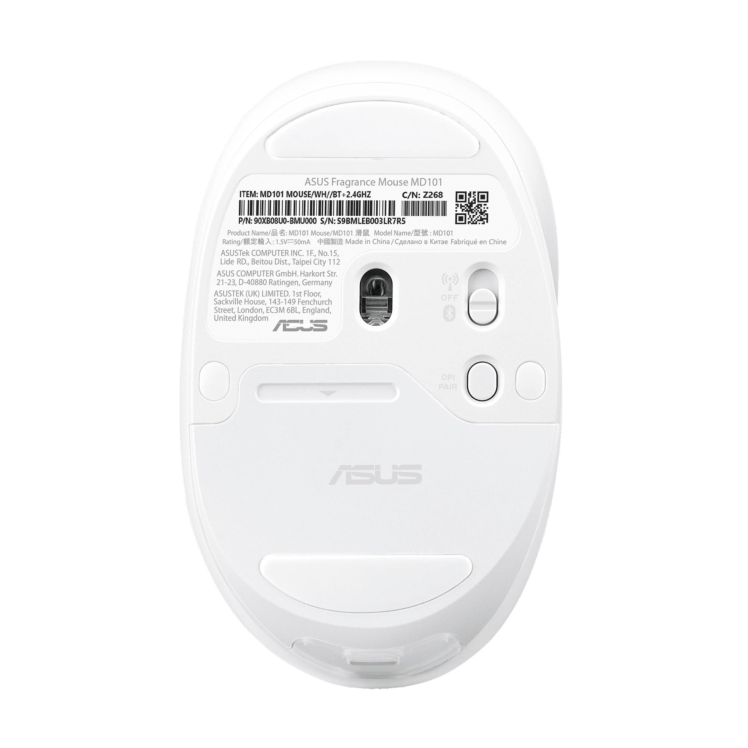 ASUS Fragrance Mouse MD101, Beidhändig, Optisch, RF Wireless + Bluetooth, 2400 DPI, Weiß