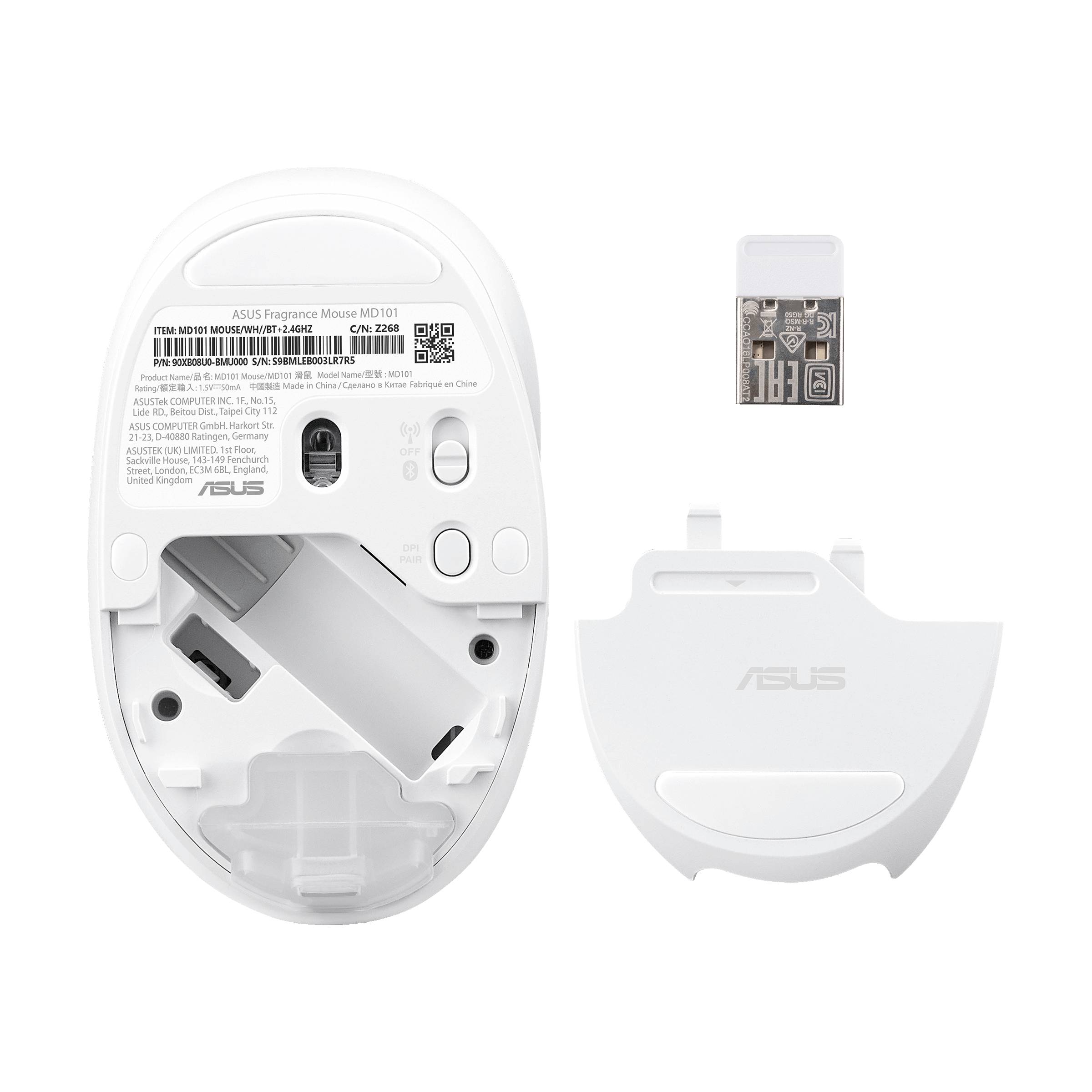 ASUS Fragrance Mouse MD101, Beidhändig, Optisch, RF Wireless + Bluetooth, 2400 DPI, Weiß