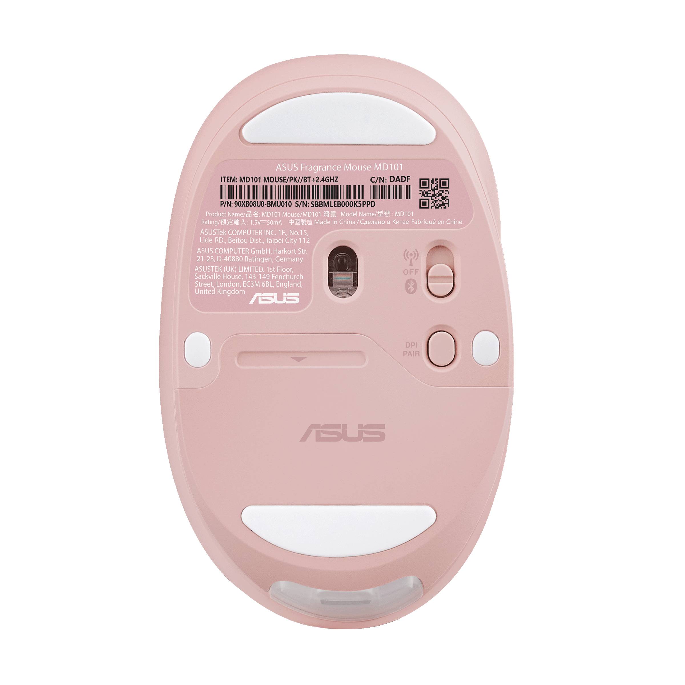 Rosa ASUS Fragrance Maus Unterseite zeigt Batteriefach, Sensor, Schalter, DPI-Taste und Produktbezeichnungen.