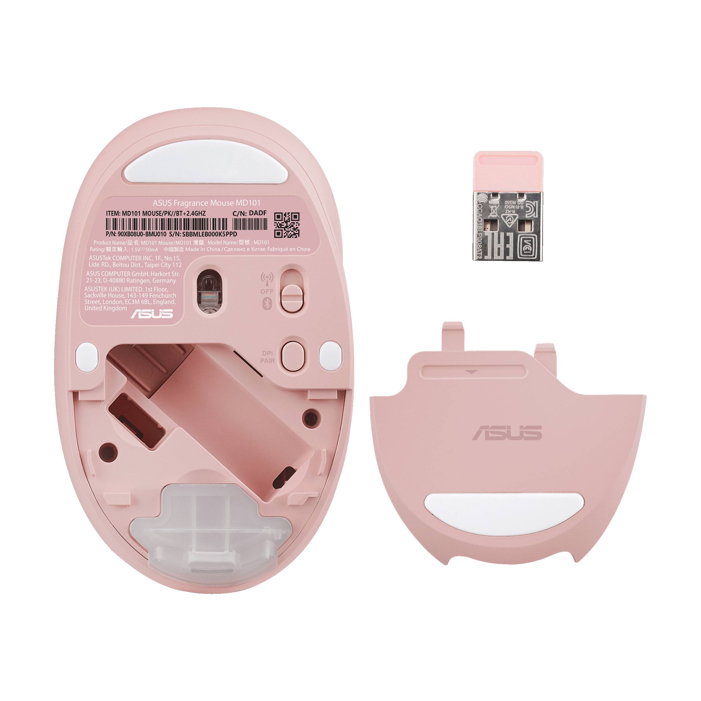 Rosa kabellose ASUS-Maus von unten mit abgenommenem Batteriefachdeckel und einem USB-Empfänger daneben auf schwarzem Hintergrund.