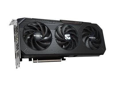 Eine schwarze Grafikkarte von Gigabyte mit drei Kühlventilatoren, entwickelt zur Verbesserung von Gaming- und grafischer Leistung.