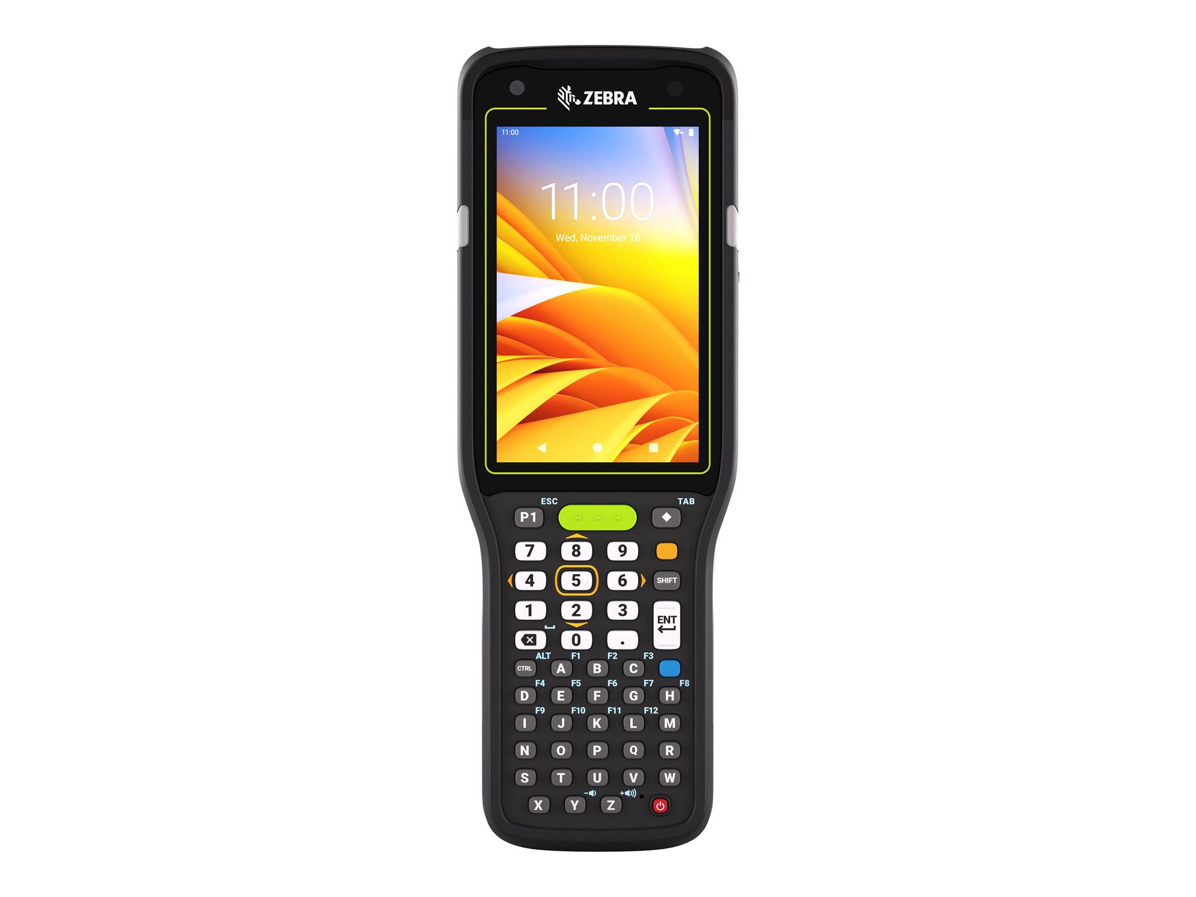 Black Zebra tragbarer Barcode-Scanner mit Touchscreen und physischer Tastatur, Frontansicht auf weißem Hintergrund.