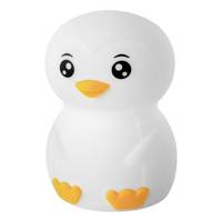 Niedliche weiße Pinguinfigur mit großen schwarzen Augen, gelbem Schnabel und gelben Füßen auf einfachem Hintergrund.