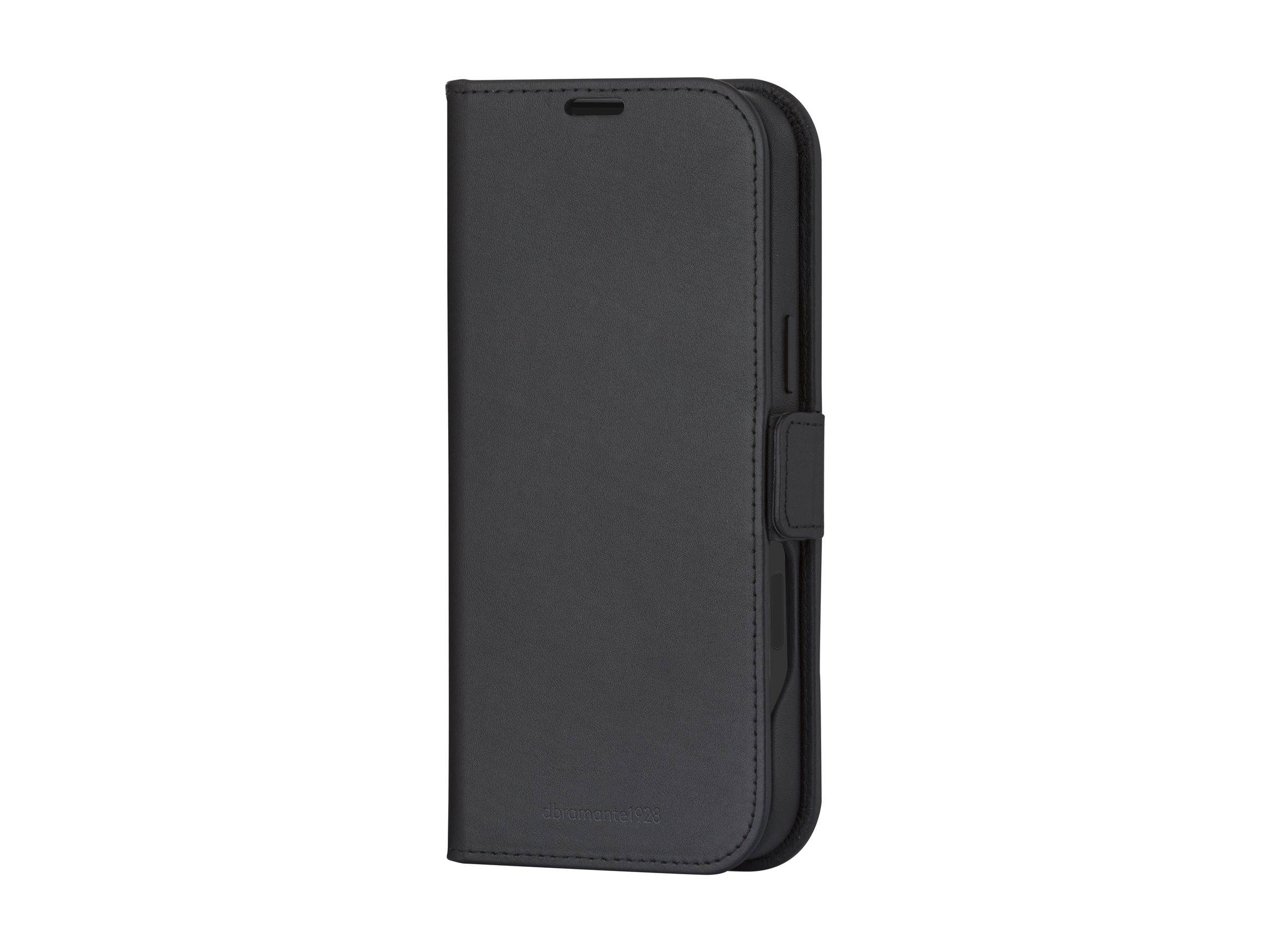 Schwarze Folio-Smartphone-Hülle mit magnetischem Verschluss, die eine vollständige Abdeckung und Schutz bietet.