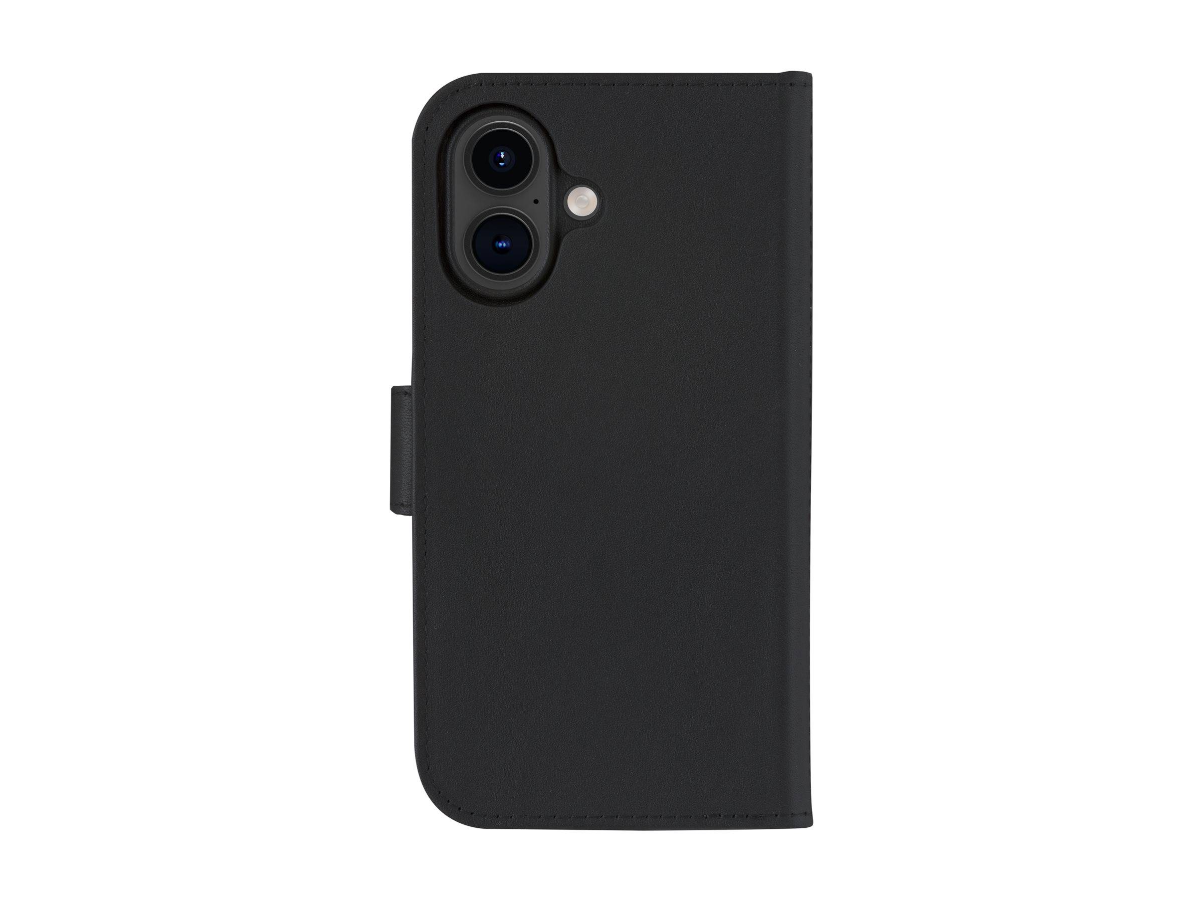 Eine schwarze Handyhülle mit Aussparung für eine Dual-Kamera und magnetischem Verschluss, speziell für ein bestimmtes Smartphone-Modell entwickelt.