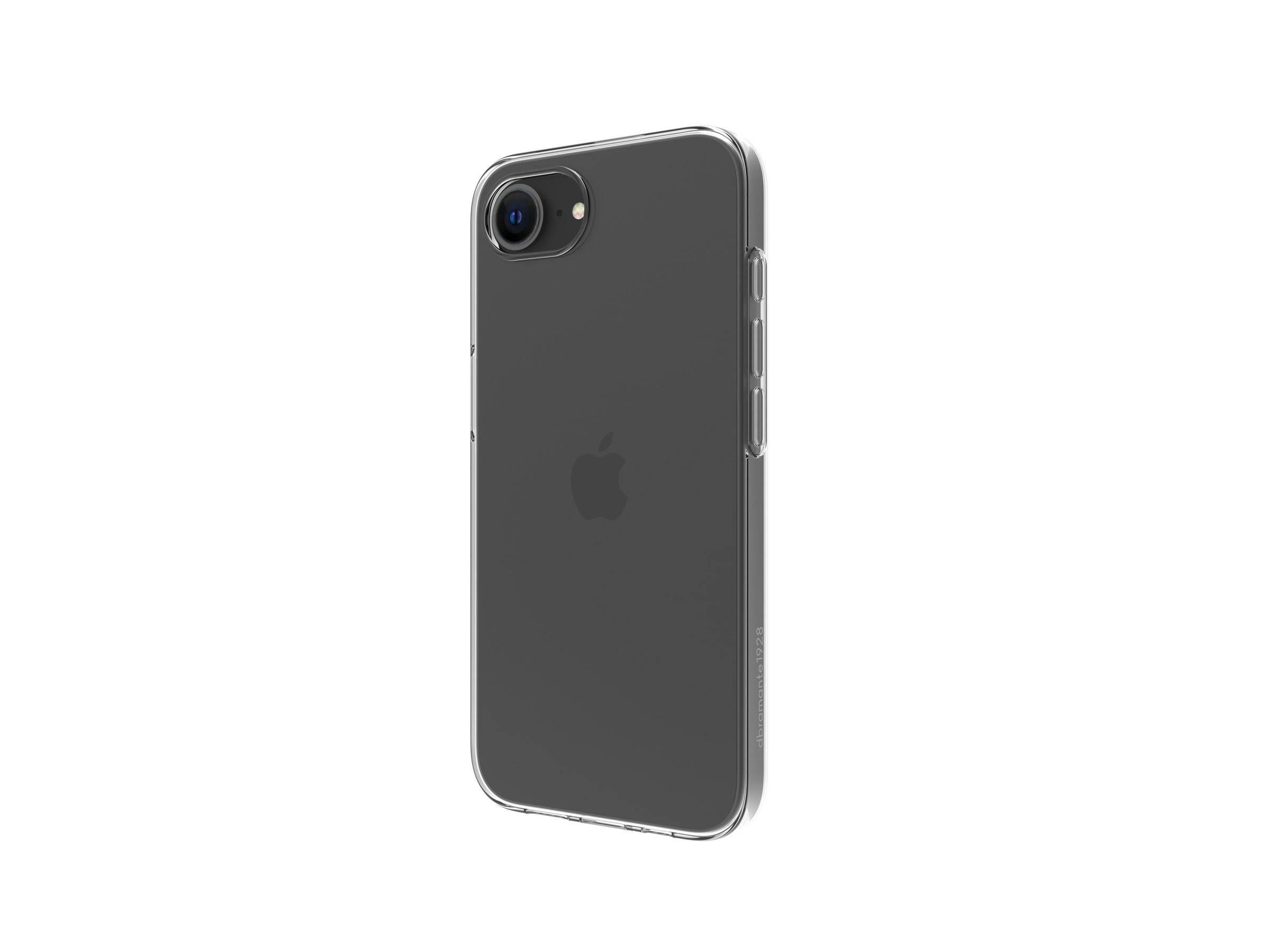 Rückansicht eines dunkelgrauen iPhones mit einer transparenten Schutzhülle, die die einfache Kamera und die Seitentasten auf weißem Hintergrund zeigt.