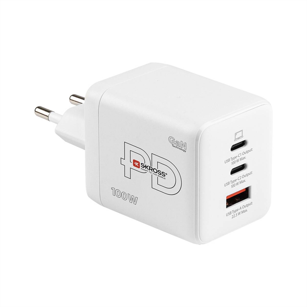 Weißer GaN 100W Netzteil mit zwei USB-C-Anschlüssen und einem USB-A-Anschluss, mit europäischem Stecker dargestellt.