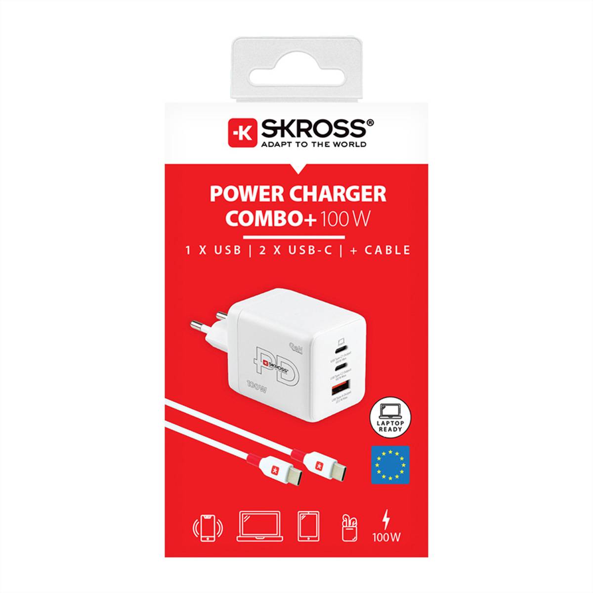 SKROSS Power Charger Combo+ 100W' Verpackung zeigt Ladegerät mit 1 USB, 2 USB-C-Anschlüssen, Kabel und europäischem Kompatibilitätsetikett.
