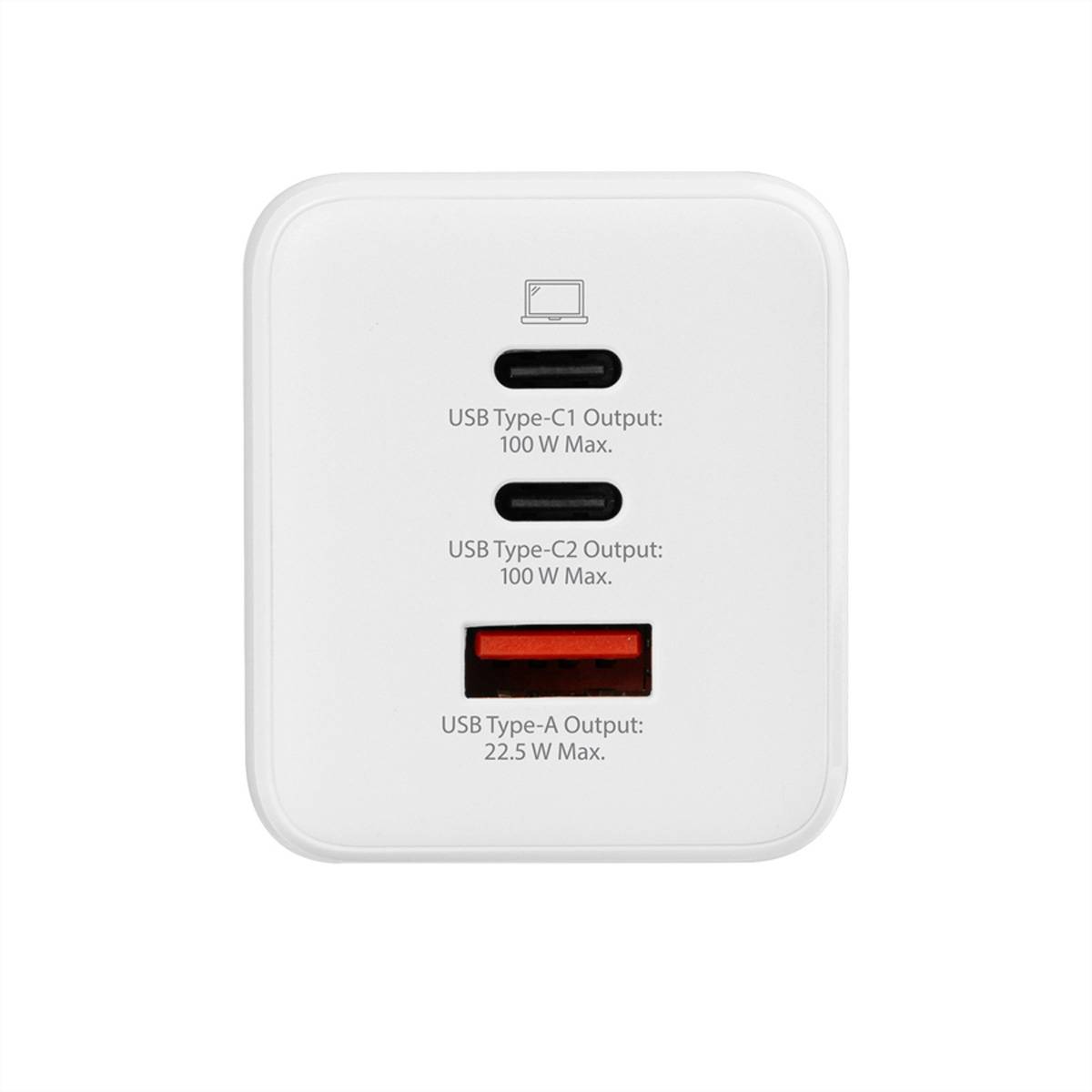 Weißer Ladegerät-Block mit zwei USB Typ-C-Anschlüssen, die jeweils maximal 100W liefern, und einem USB Typ-A-Anschluss mit maximal 22,5W Ausgangsleistung.