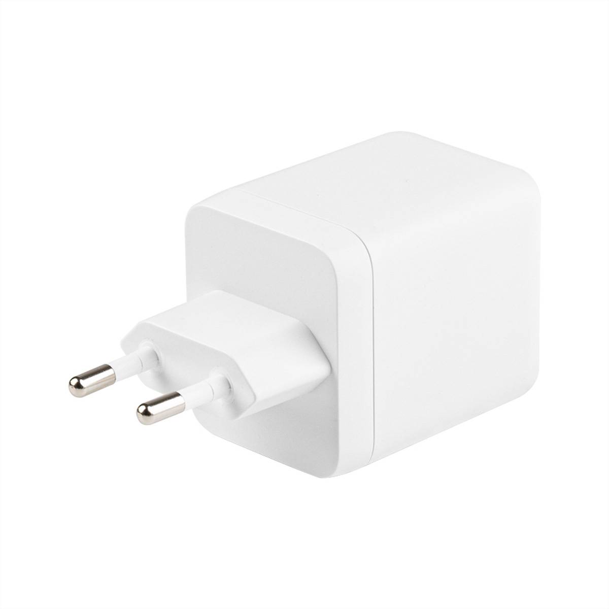 Ein weißes elektrisches Wandladegerät mit zwei runden Stiften, das für europäische Steckdosen konzipiert ist, vor einem einfarbigen Hintergrund präsentiert.