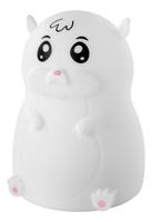 Weiße Cartoon-Hamster-Figur mit großen schwarzen Augen, rosa Nase und Pfoten, gezeigt vor einem einfachen Hintergrund.