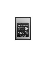 SanDisk PRO-CINEMA 480GB Speicherkarte auf weißem Hintergrund.