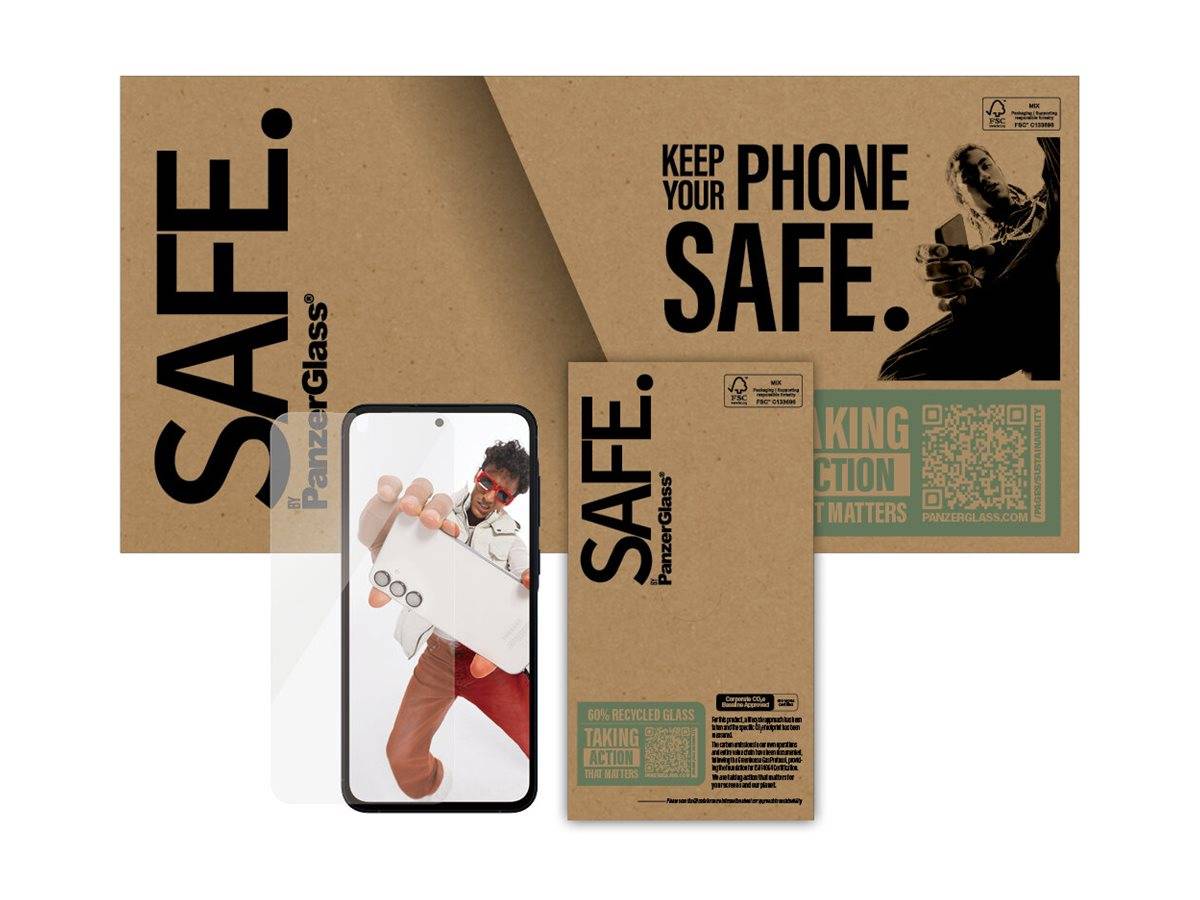 Handy mit Schutzglas, markiert mit 'SAFE.', präsentiert neben umweltfreundlicher Verpackung und dem Slogan 'Schütze dein Handy.