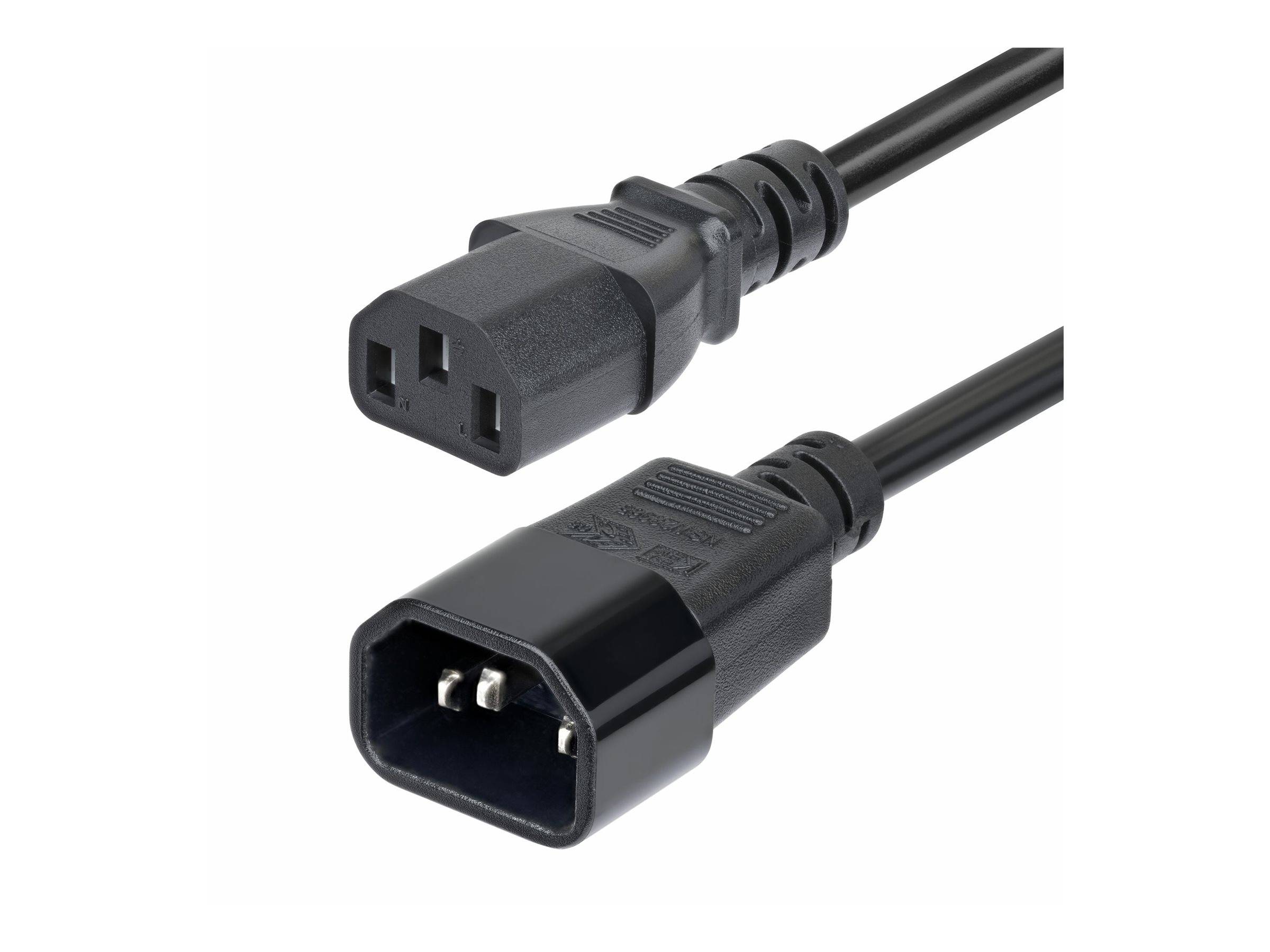 Zwei schwarze Stromverbinder: eine C13-Buchse mit drei Schlitzen und ein C14-Stecker mit drei Pins, verwendet zum Anschluss elektronischer Geräte.