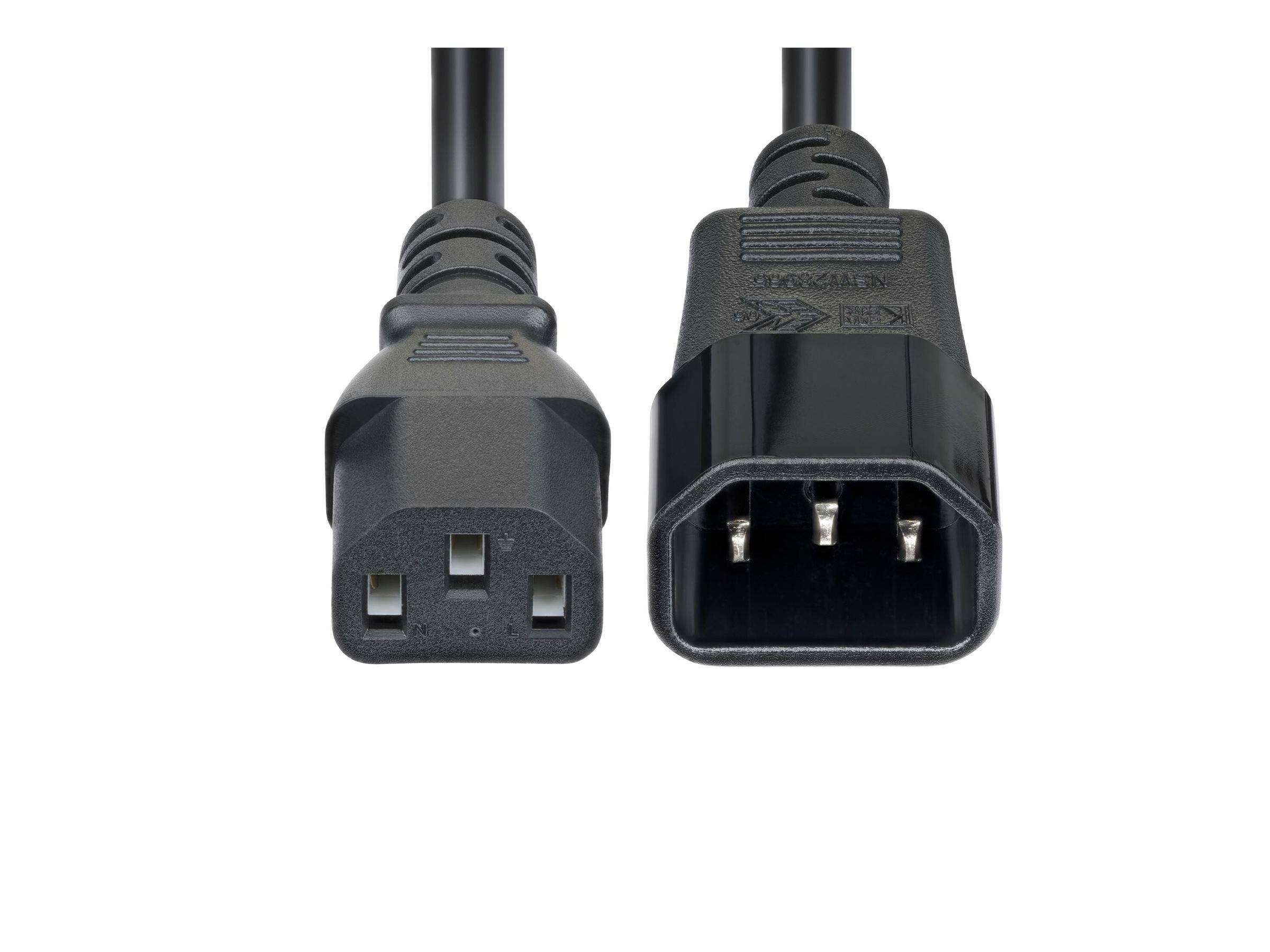 Ein schwarzes IEC C13 auf C14 Netzkabel, das beide Enden des Anschlusses zeigt, verwendet zum Anschluss von Computergeräten und Stromquellen.