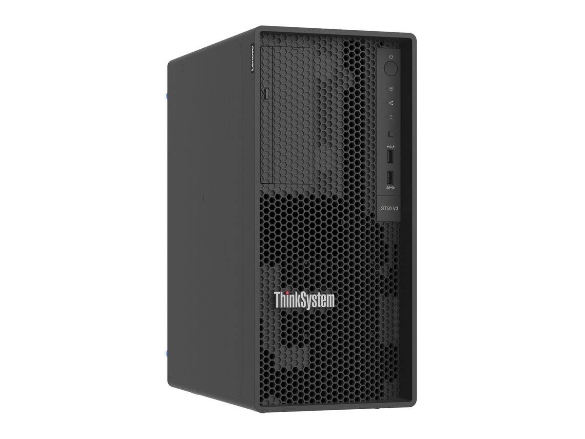 Ein schwarzer Lenovo ThinkSystem ST50 V2 Server-Tower steht aufrecht und verfügt über ein belüftetes Frontpanel mit dem 'ThinkSystem' Logo.