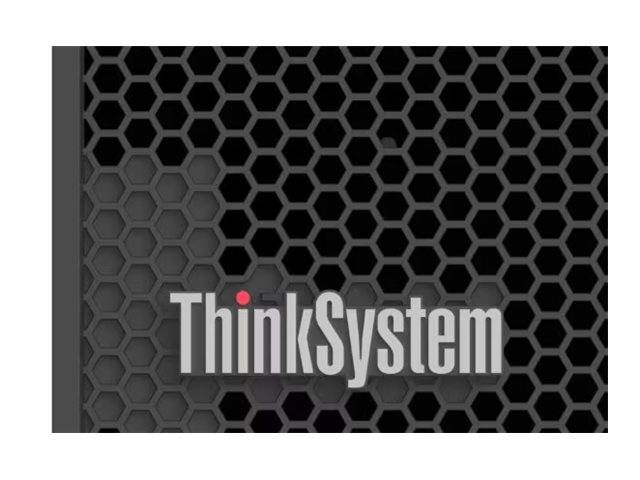 Ein schwarz-grau gemustertes Wabenmuster mit 'ThinkSystem'-Text in fetten weißen Buchstaben darüber, mit einem roten Punkt über dem 'i'.