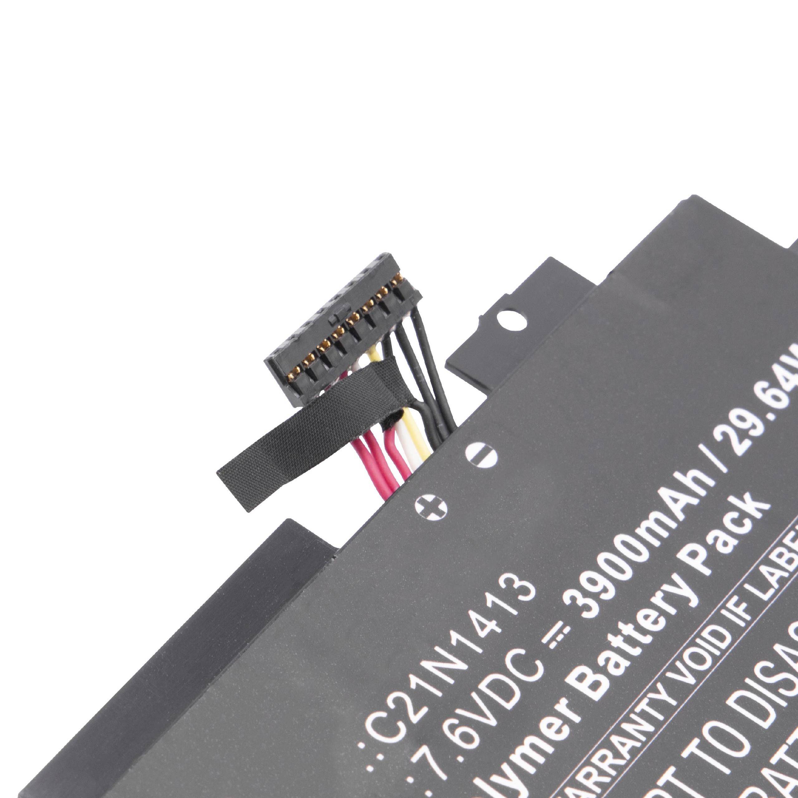 Eine Nahaufnahme eines Laptop-Akkus, die einen Stecker mit Drähten und Text zeigt, der das Batteriemodell „C21N14I3