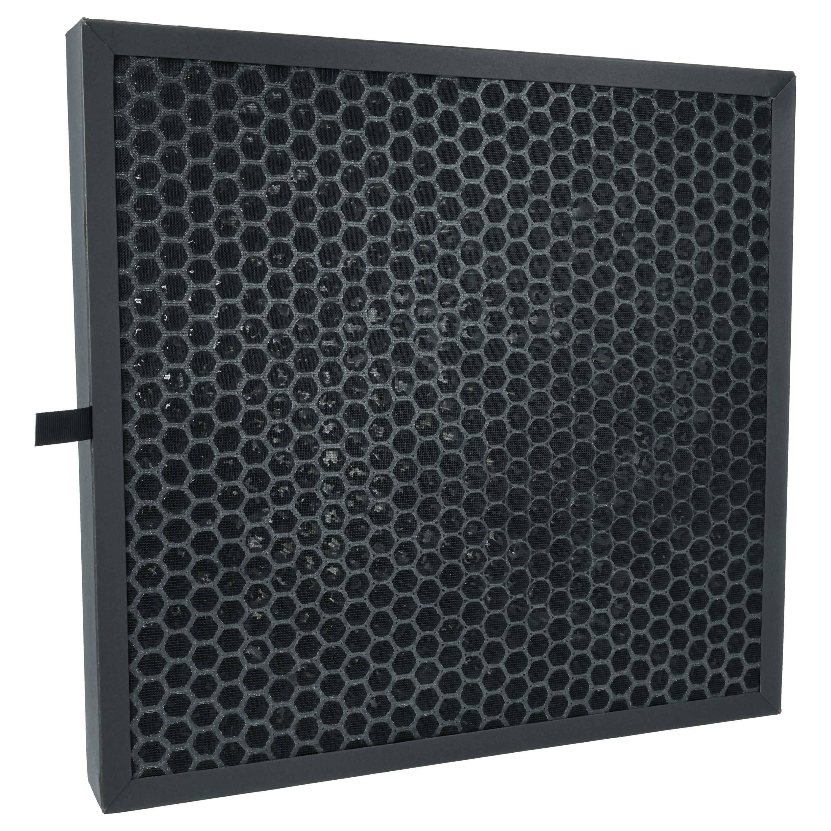 Ein schwarzer, wabenförmig gemusterter Luftfilter in einem rechteckigen Rahmen, aufrecht stehend.