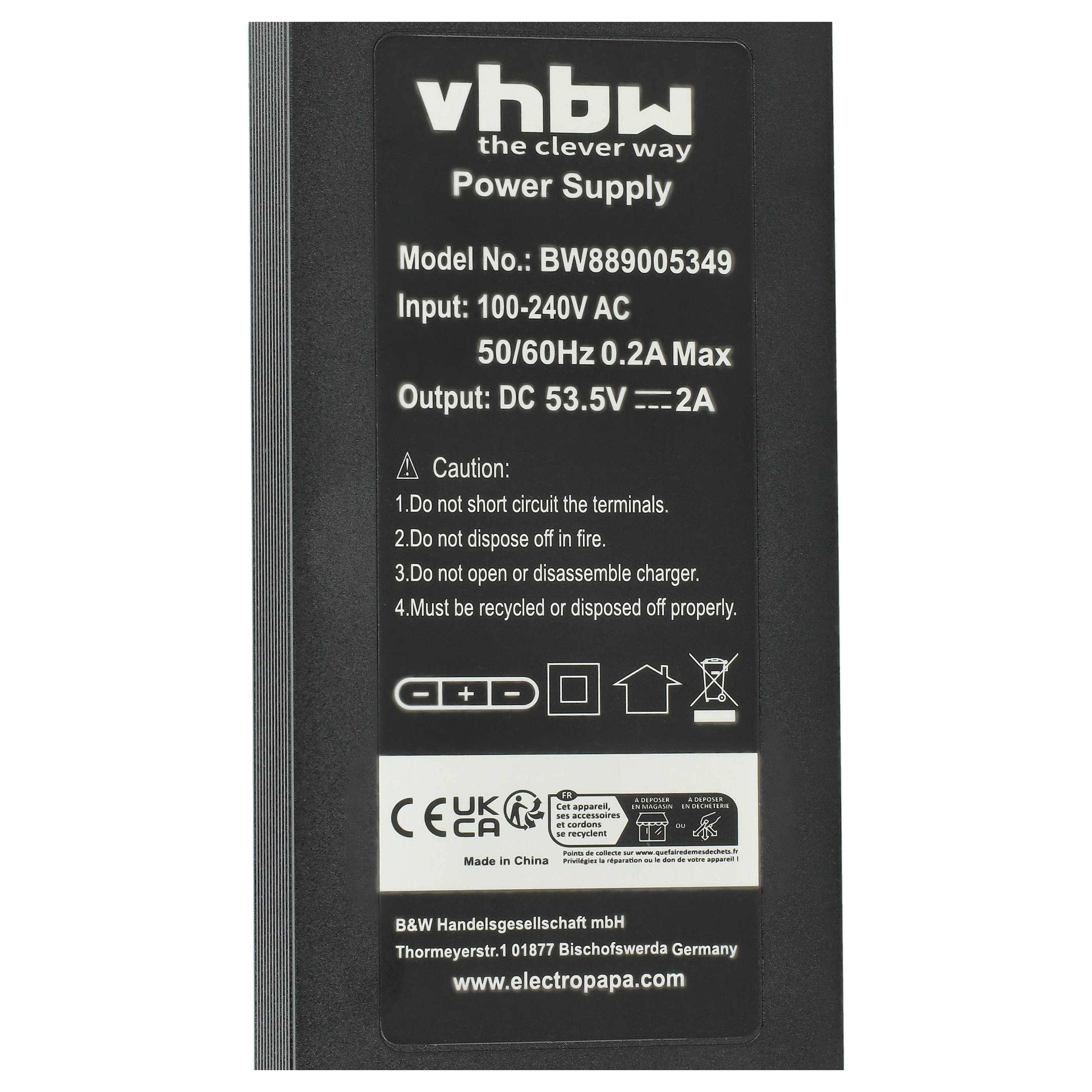 vhbw Ladegerät kompatibel mit NIU KQi 1 Pro, KQi 1, KQi3, KQi2 Pro, KQi3 Pro, KQi3 Max, KQi2 E-Scooter - 53,5 V, 2 A Charger