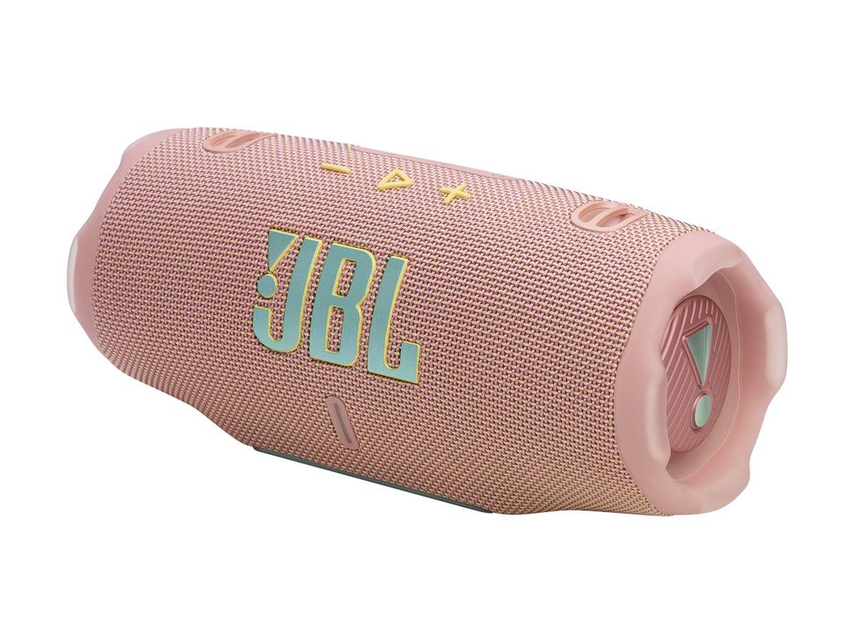 Ein tragbarer rosa Bluetooth-Lautsprecher mit dem 